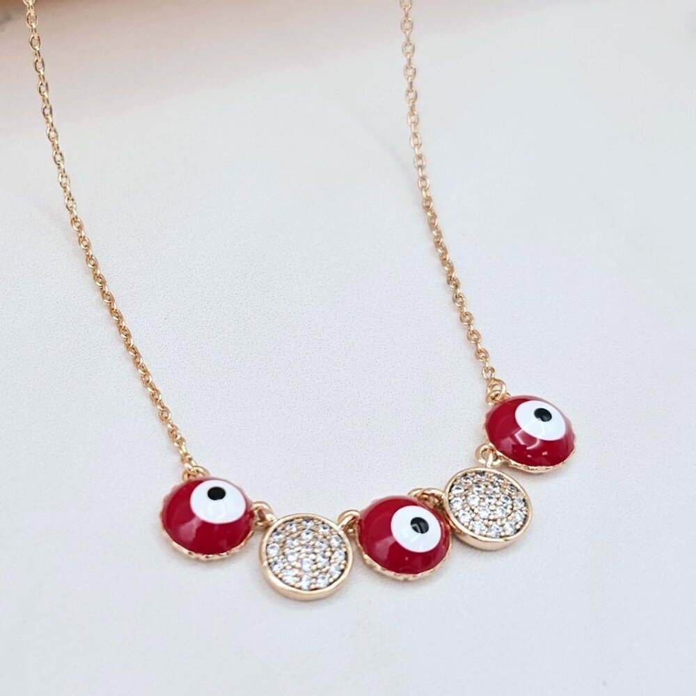 Rose Gold Necklace with Evil Eye & Crystal Charms, 17.7+2 Inch Chain,XPNL0025